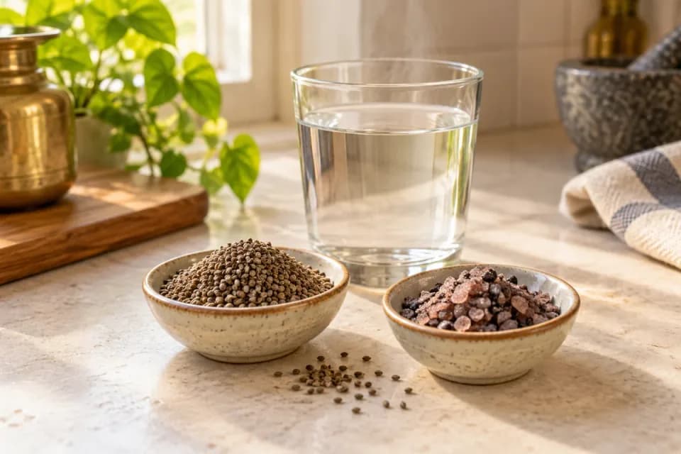 Ajwain seeds and dark rock salt in small bowls beside a glass of warm water.