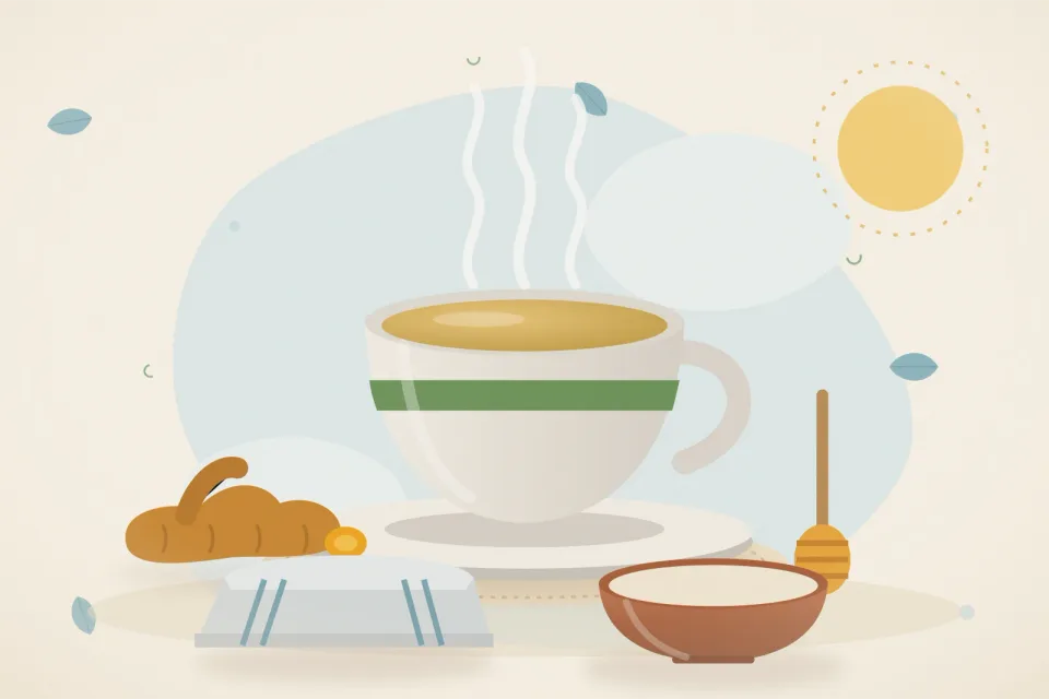 Illustrated still life with turmeric root, honey.