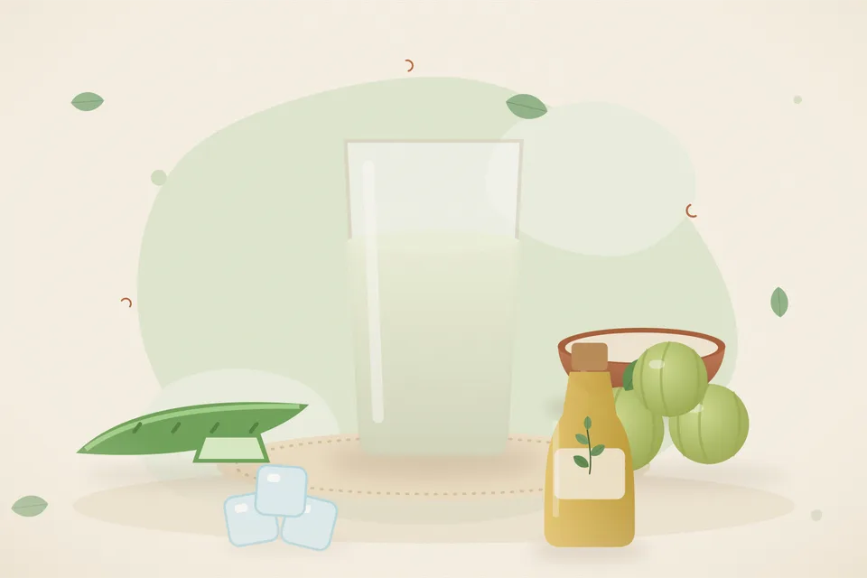 Kitchen still life of a cut aloe vera leaf with clear gel beside a small bowl of amla juice, daylight, no people and no text.