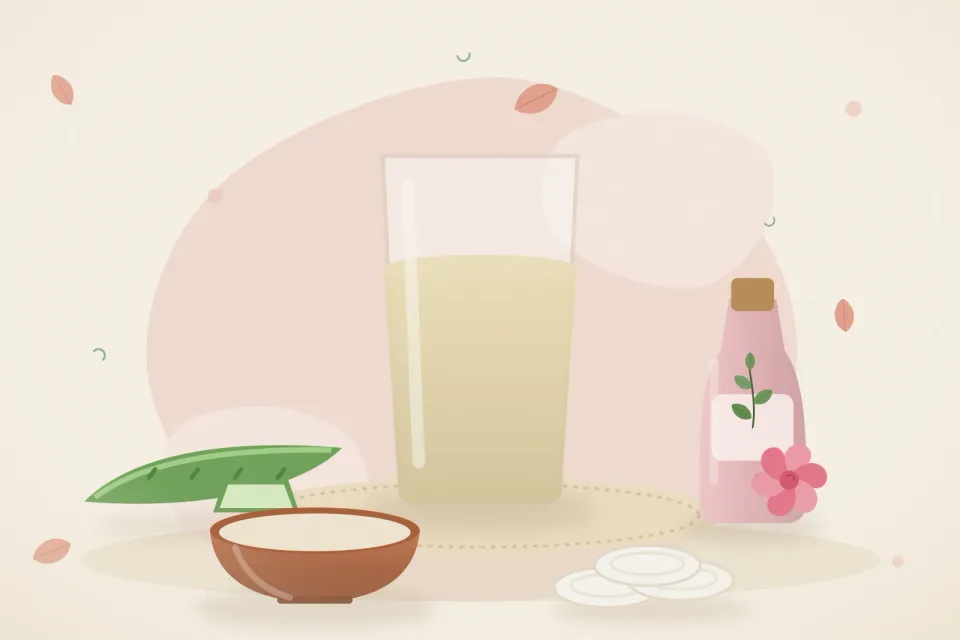 Illustrated still life with aloe vera, rose water.