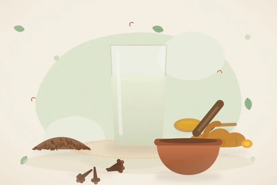Illustrated still life with flaxseeds, turmeric root, cloves.