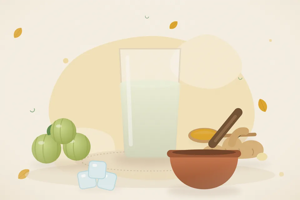 Fresh amla, a slice of ginger and a small glass of diluted pale juice on a stone slab