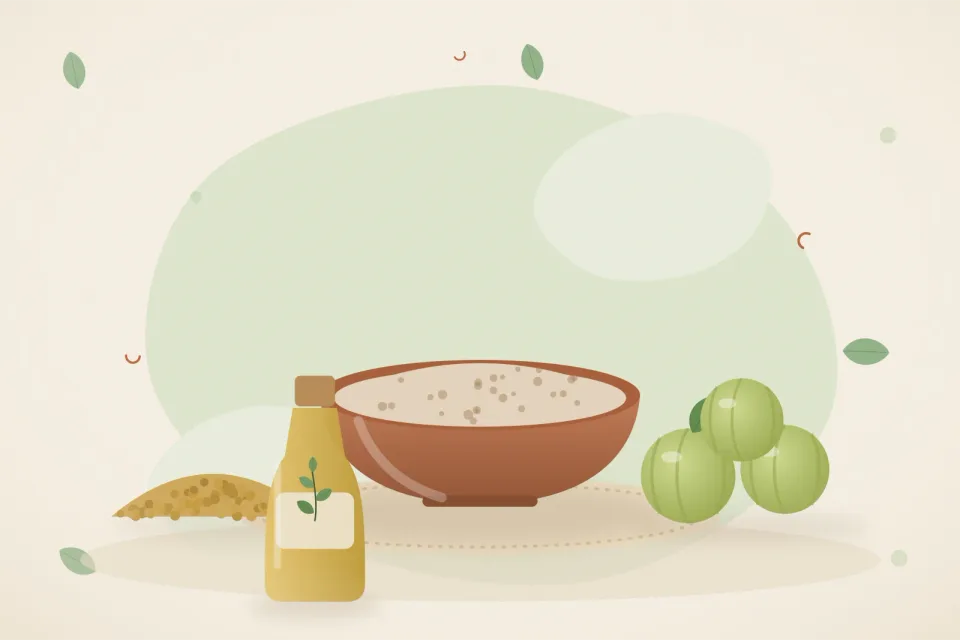 Illustrated still life with fenugreek seeds, amla.