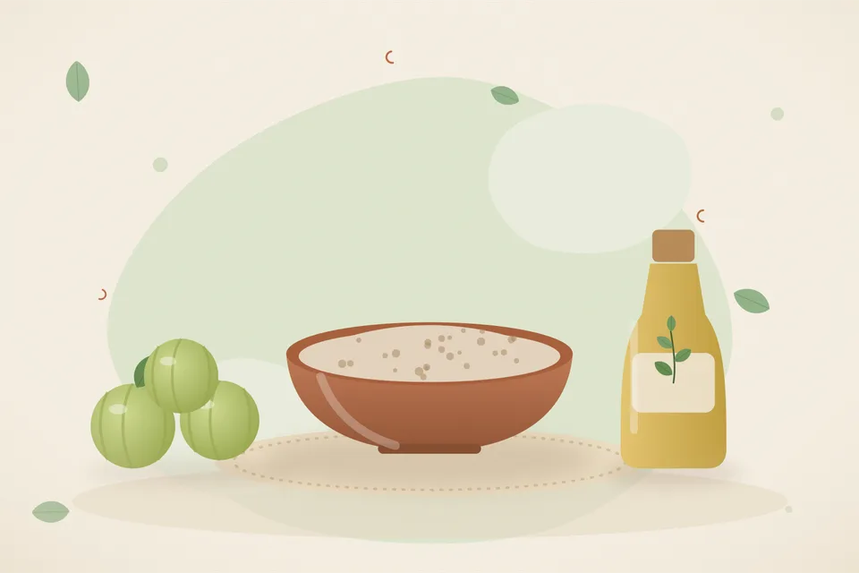 Small piles of amla, reetha and shikakai powder beside a bowl of water on a wooden board
