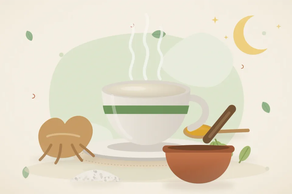 Illustrated still life with ashwagandha root, cardamom, mishri crystals.