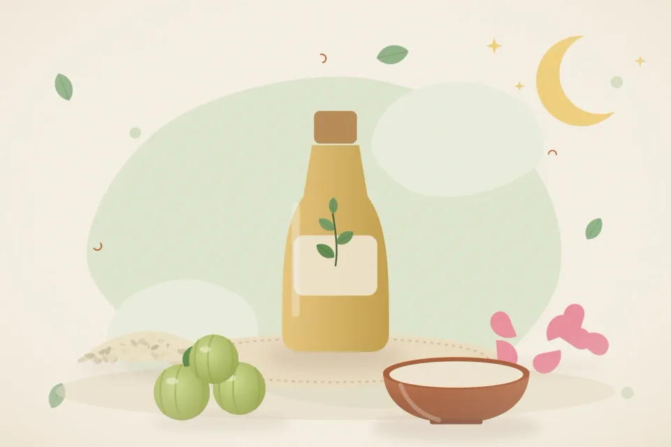 Illustrated still life with sesame seeds, rose petals, amla.