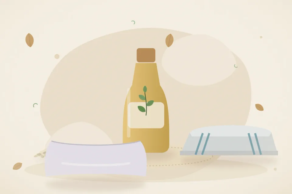 Illustrated still life with sesame seeds, a folded cloth, a soft pillow.