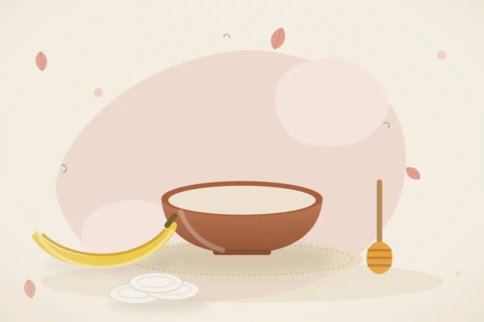 Kitchen still life of a ripe banana and a spoon of honey on a ceramic plate, with no people and no text.