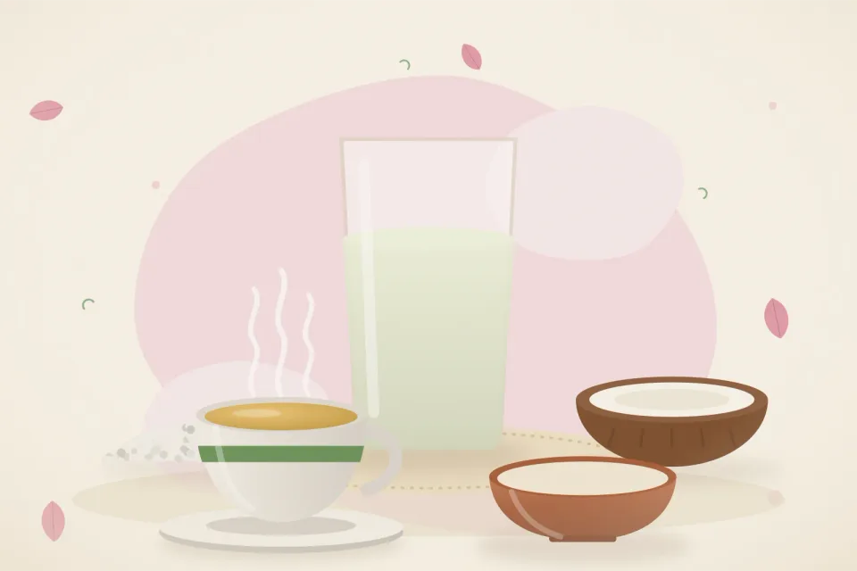 Illustrated still life with mishri crystals, coconut.
