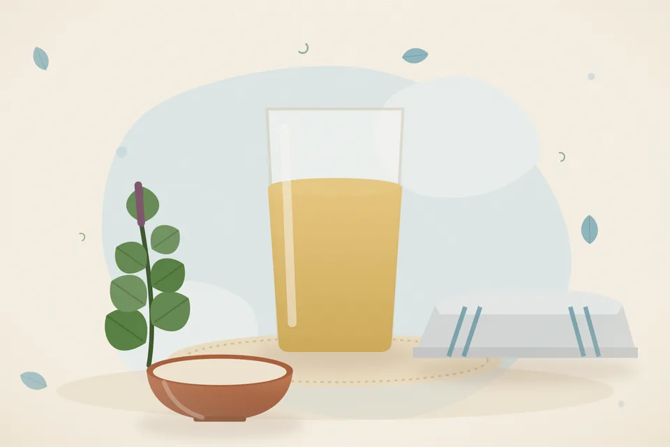 A steel cup of pale tulsi water, fresh tulsi leaves and a small pinch of salt on a spoon, set on a kitchen table.