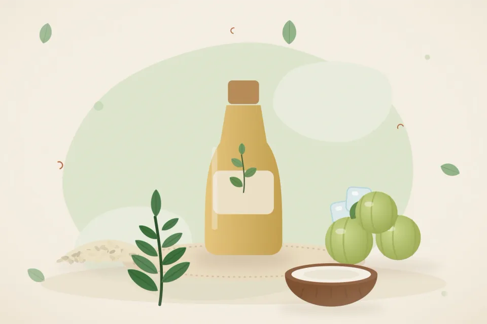 Illustrated still life with sesame seeds, amla, curry leaves, coconut, ice.