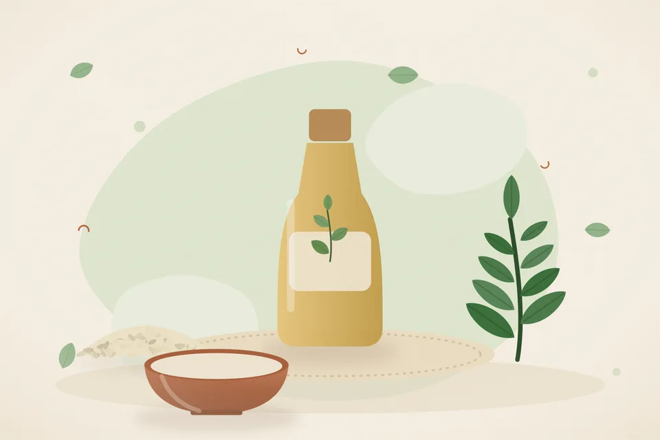 Kitchen still life of sesame oil in a small steel bowl beside fresh curry leaves on a wooden board, warm daylight, no people and no text.