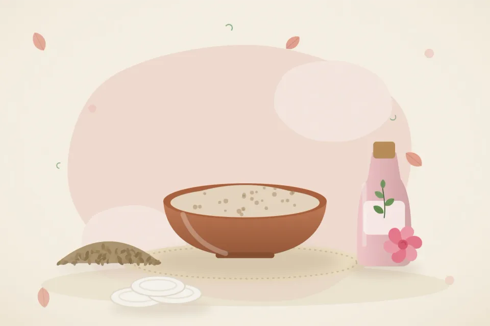 Illustrated still life with ajwain seeds, rose water.