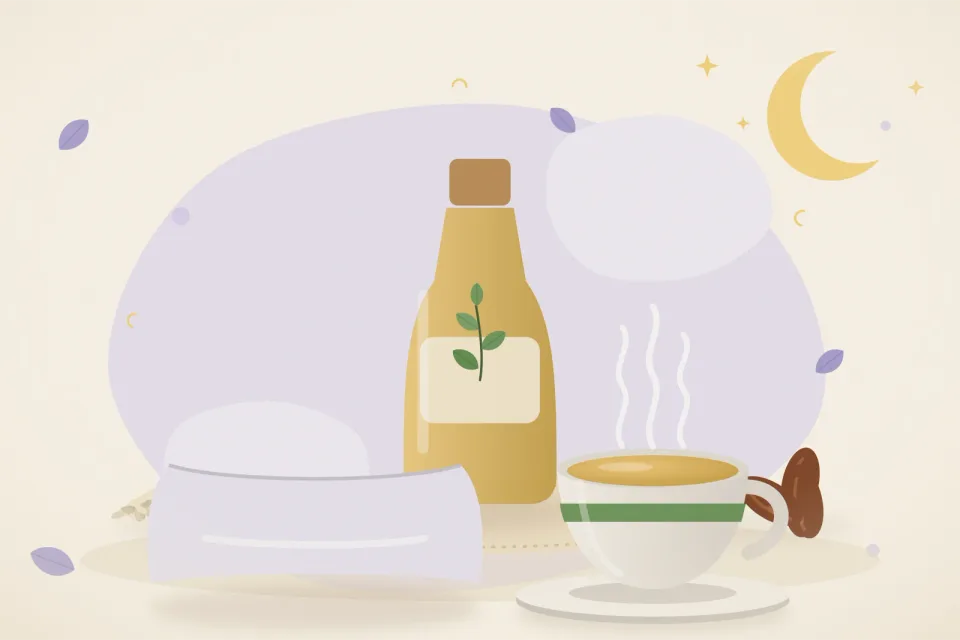 Illustrated still life with sesame seeds, dates.