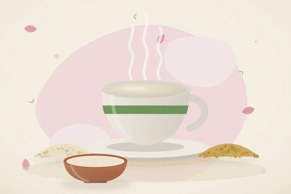 Illustrated still life with sesame seeds, fenugreek seeds.
