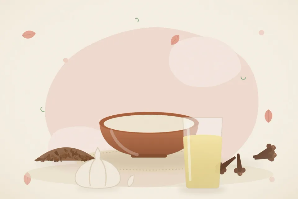 Illustrated still life with flaxseeds, cloves, garlic.