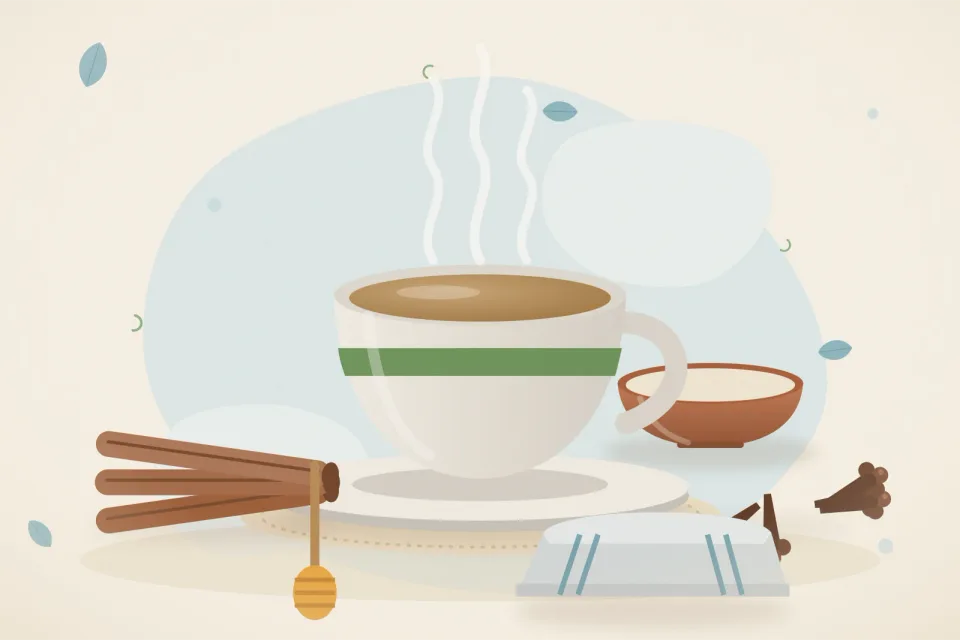 Illustrated still life with cinnamon, cloves, honey.