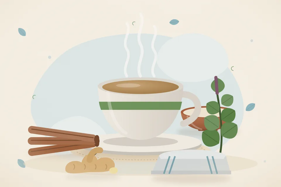 A cup of cinnamon and tulsi tea on a wooden tray, with a cinnamon stick, tulsi leaves, ginger, and a strainer.