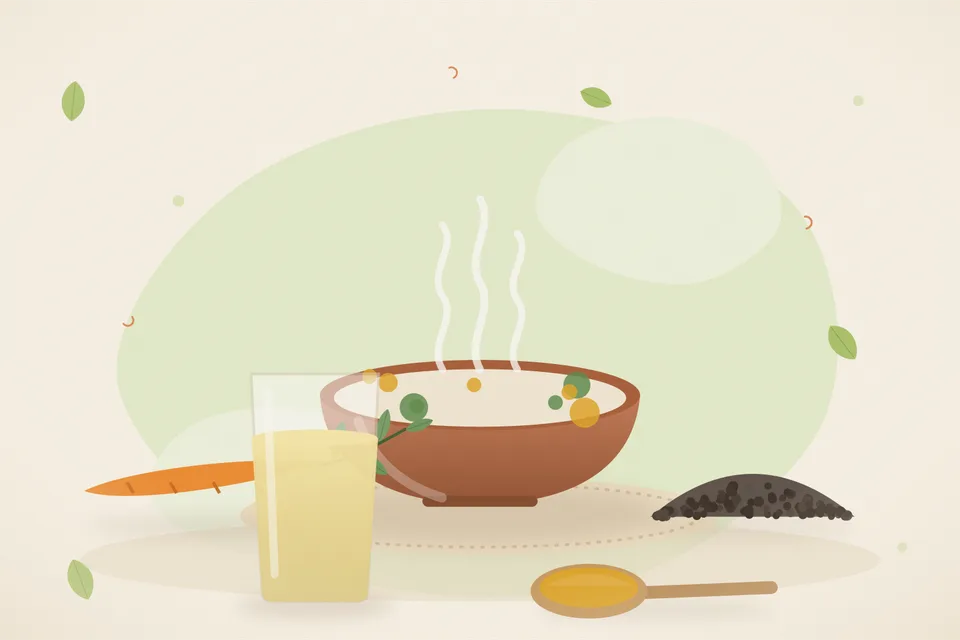A bowl of clear soup with bottle gourd and carrot pieces, a pinch of black pepper beside it, warm evening light, no people and no lettering.
