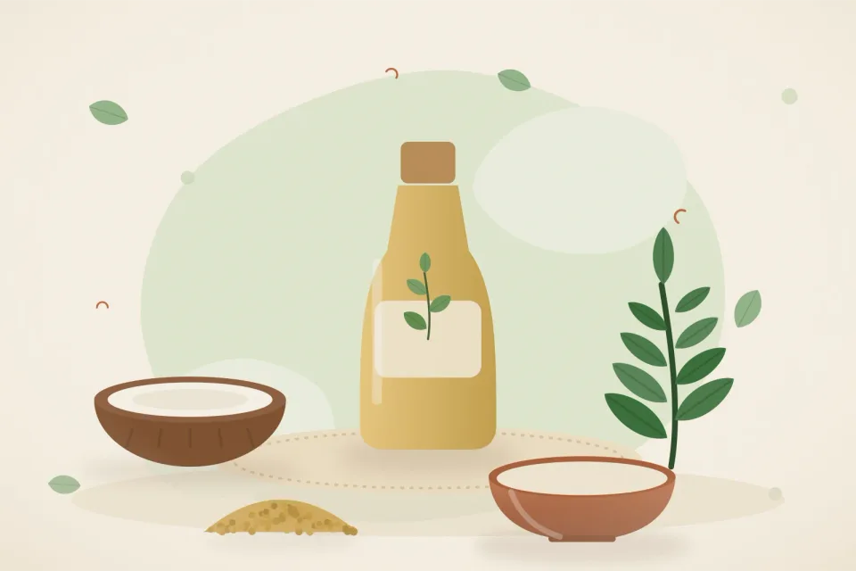 Illustrated still life with coconut, curry leaves, fenugreek seeds.