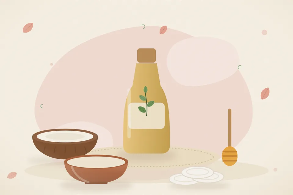 Kitchen still life of coconut oil, a pinch of sugar, and a drop of honey on a small saucer, with no people and no text.