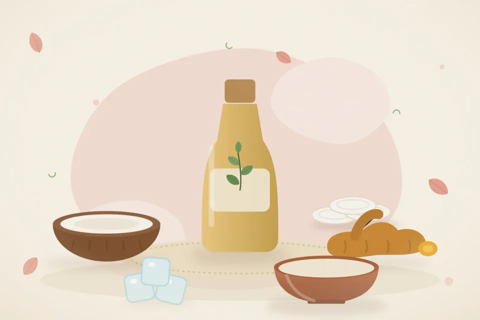 Illustrated still life with coconut, turmeric root, ice.