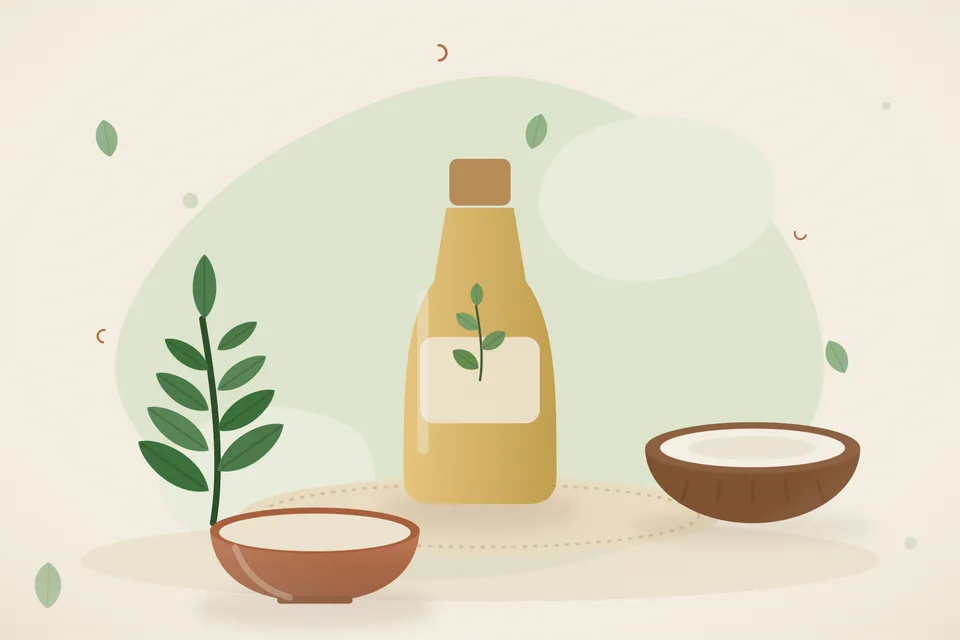 Curry leaves warming in coconut oil in a small pan, with a strainer and a bowl of green-tinted oil
