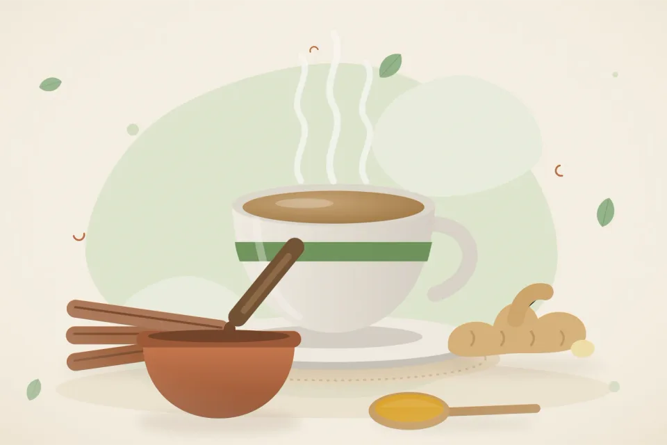 Illustrated still life with cinnamon, fresh ginger.