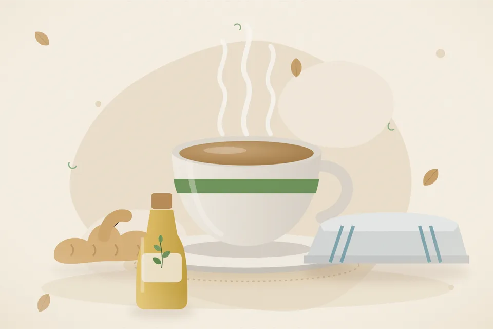 A pinch of dashmool powder, a few ginger slices and a small cup of weak tea on a wooden table, soft daylight, no people and no lettering.