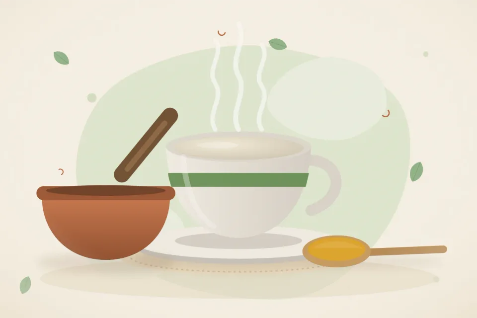Illustrated Ayurvedic kitchen still life with a bowl, glass and traditional utensils.