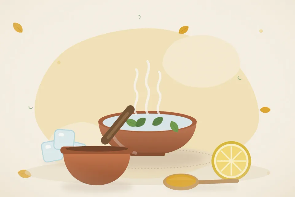 Illustrated still life with ice, lemon.