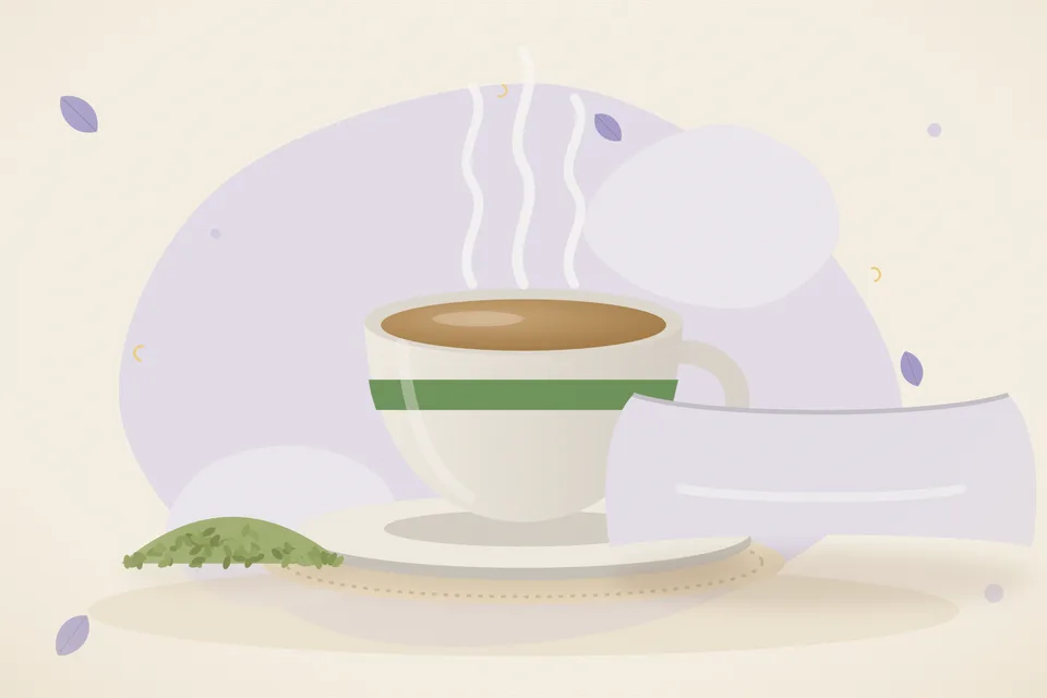 A glass of pale fennel tea, a spoon of fennel seeds, and a strainer on a saucepan in a dim kitchen.