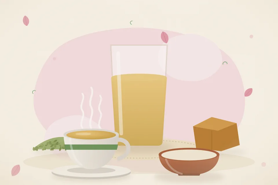 Fennel seeds, a small piece of jaggery and a cup of pale golden water on a wooden table, warm light, no people and no lettering.