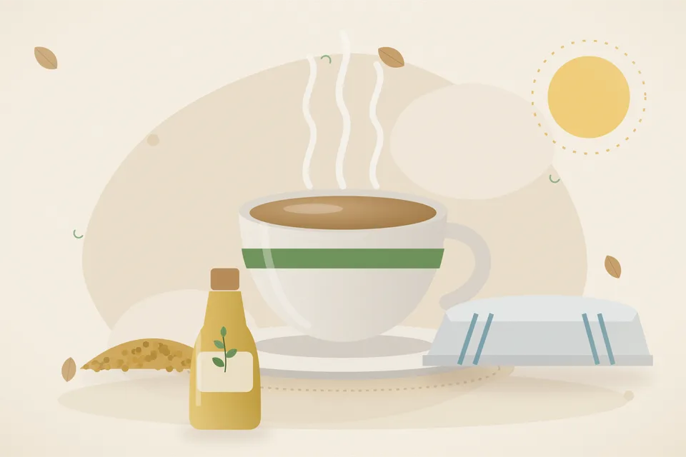A steel cup of pale fenugreek tea beside a spoon of fenugreek seeds and a small strainer on a kitchen table, morning light, no people and no lettering.