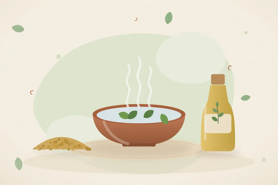 Soaked fenugreek seeds, a small pot of water and a jug of cooled rinse on a tiled counter