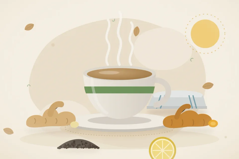 Illustrated still life with fresh ginger, turmeric root, black pepper, lemon.