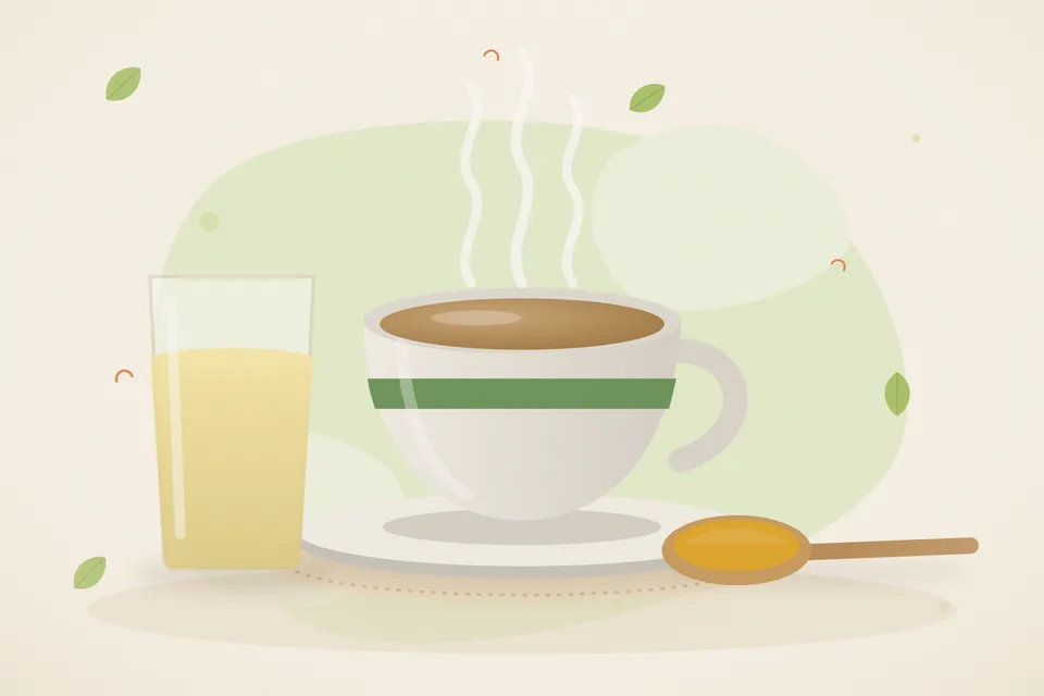 A cup of pale green tea, loose tea leaves and a small strainer on a wooden table, daylight, no sugar bowl, no people and no lettering.