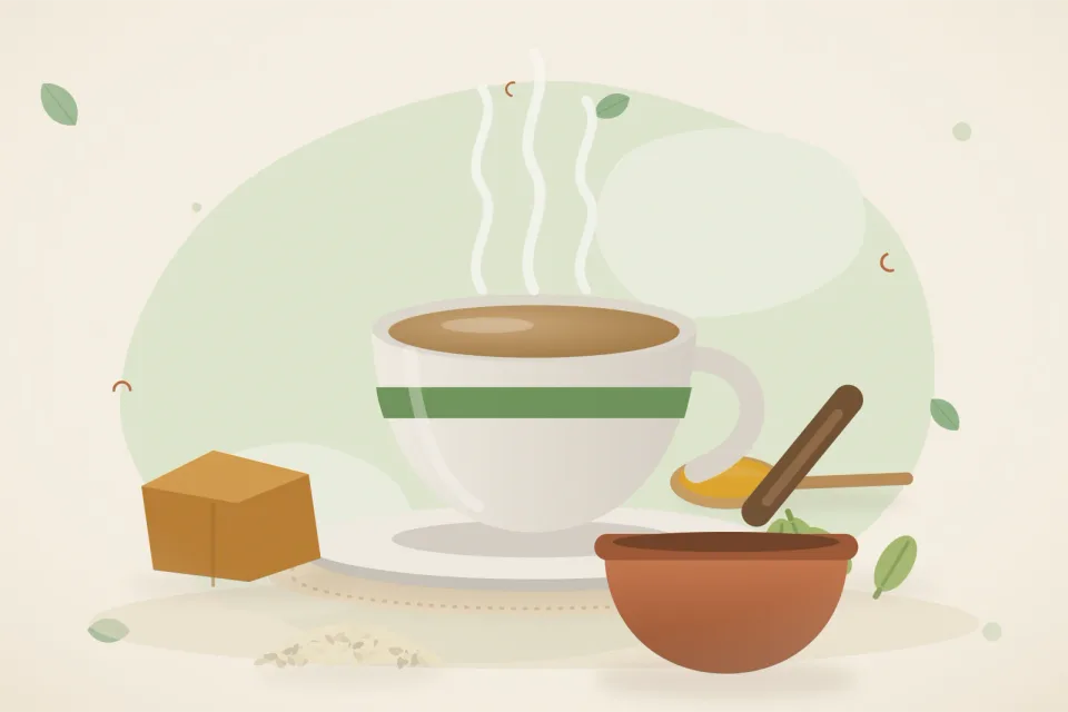 Illustrated still life with jaggery, cardamom, sesame seeds.
