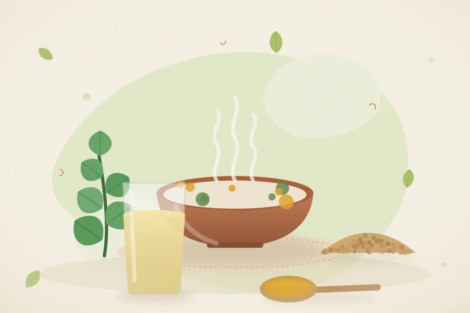 Illustrated still life with mint leaves, chickpeas.