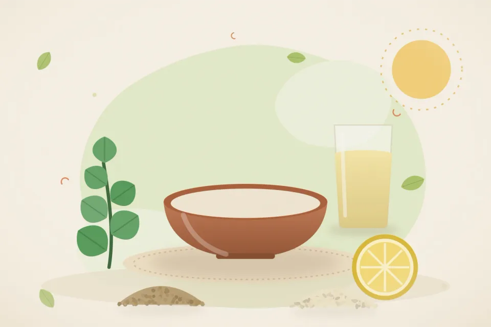 Illustrated still life with mint leaves, lemon, coriander seeds, sesame seeds.