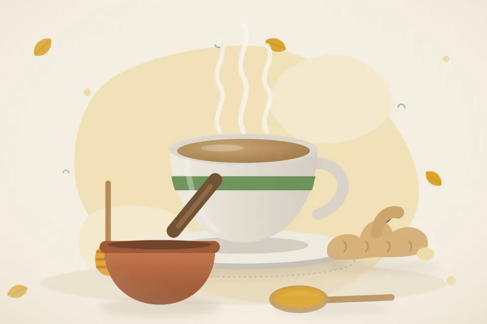 Illustrated still life with honey, fresh ginger.