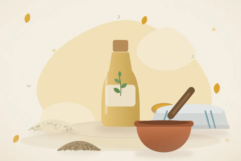 Illustrated still life with sesame seeds, a folded cloth, ajwain seeds.