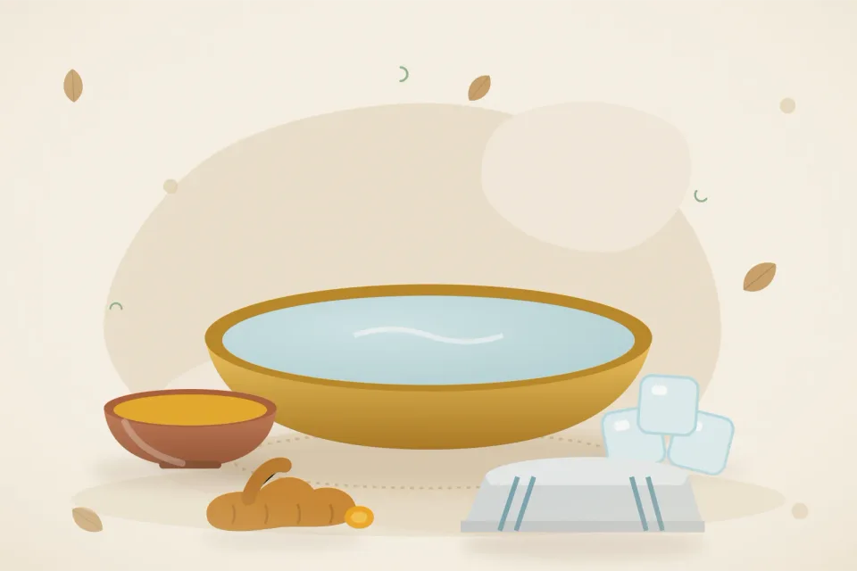 Ice cubes on a folded cloth, a bowl of turmeric paste, fresh turmeric root and a brass basin of warm water on a sandy beige background