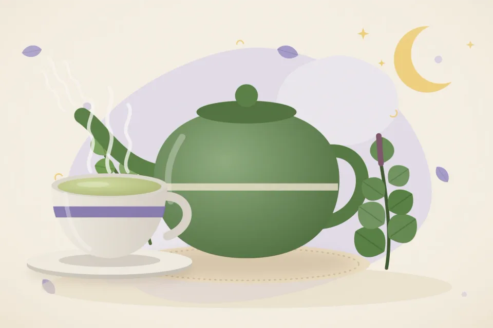 Teapot and cup of tulsi tea with brahmi and tulsi sprigs under a crescent moon on a lavender background