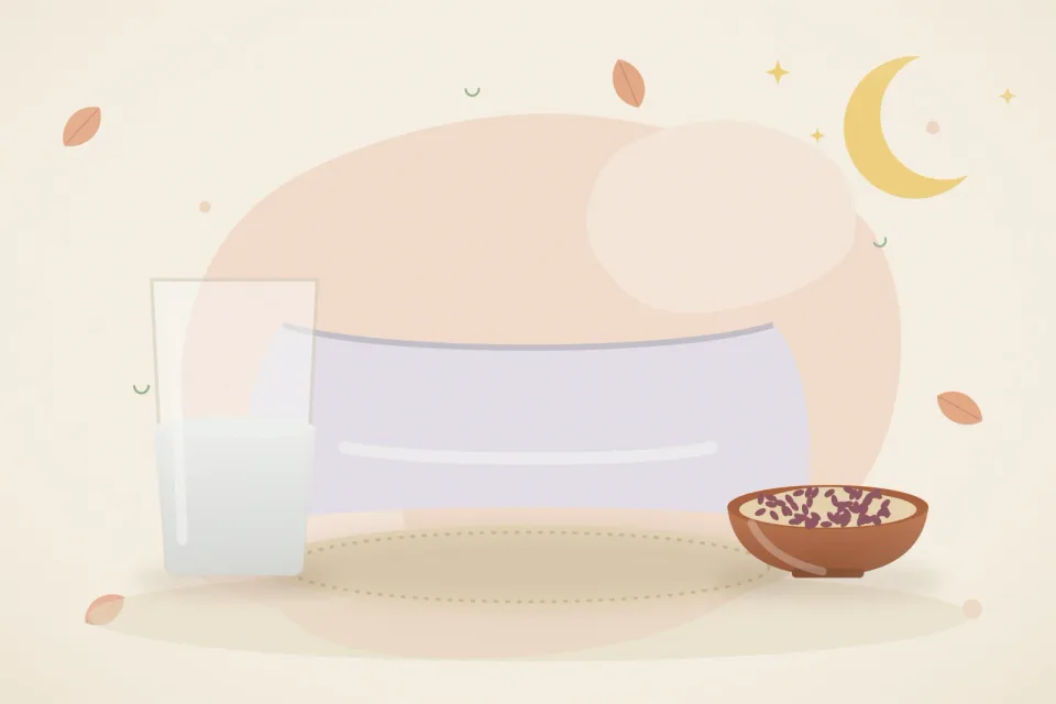 Soft pillow, a glass of water, a small bowl of soaked raisins and a crescent moon on a peach background