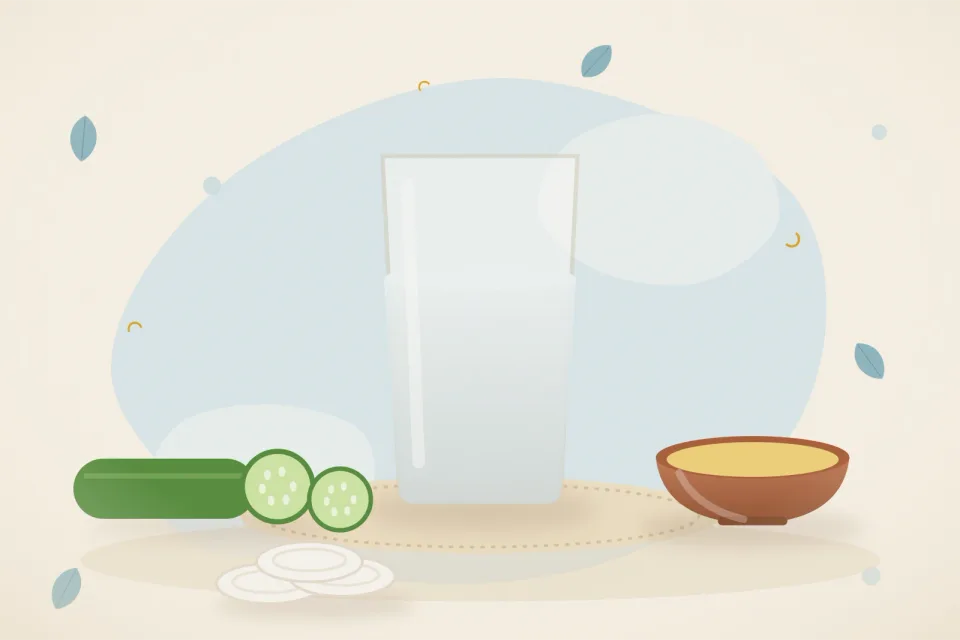 Chilled cucumber slices, a bowl of ghee, cotton pads and a glass of cool water on a light blue background