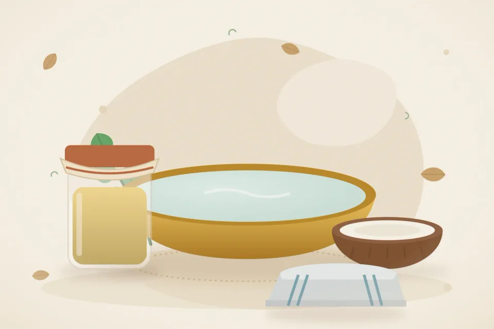 A brass basin of cool water with mint, a small jar of ghee, half a coconut and a folded cotton cloth on a sandy beige background
