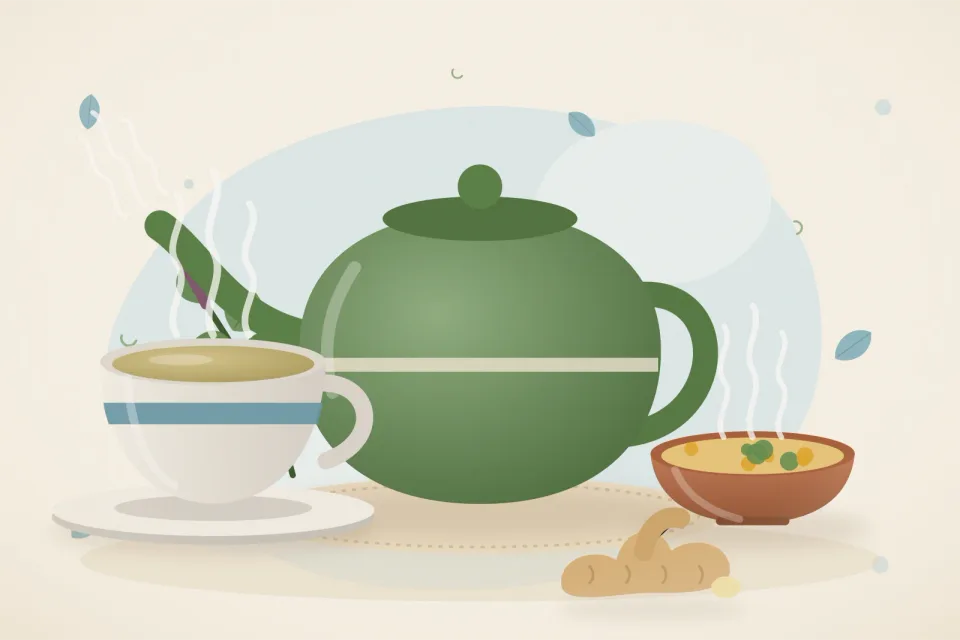 A teapot with a cup of tulsi-ginger tea, a steaming bowl of soup, fresh ginger and a tulsi sprig on an icy-blue background