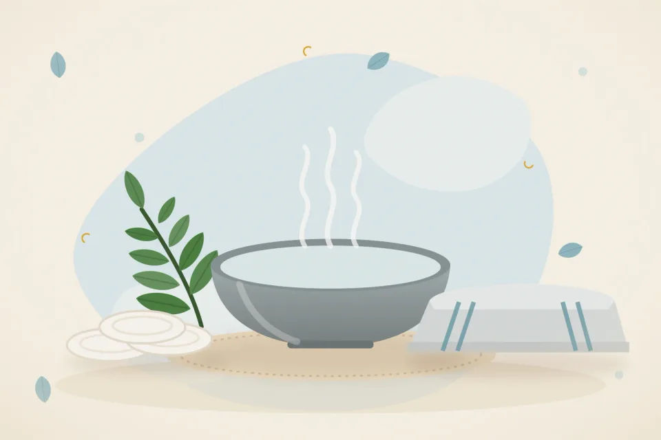 Bowl of boiled cooled water, a stack of clean cotton pads, a folded towel and a sprig of neem on a light blue background