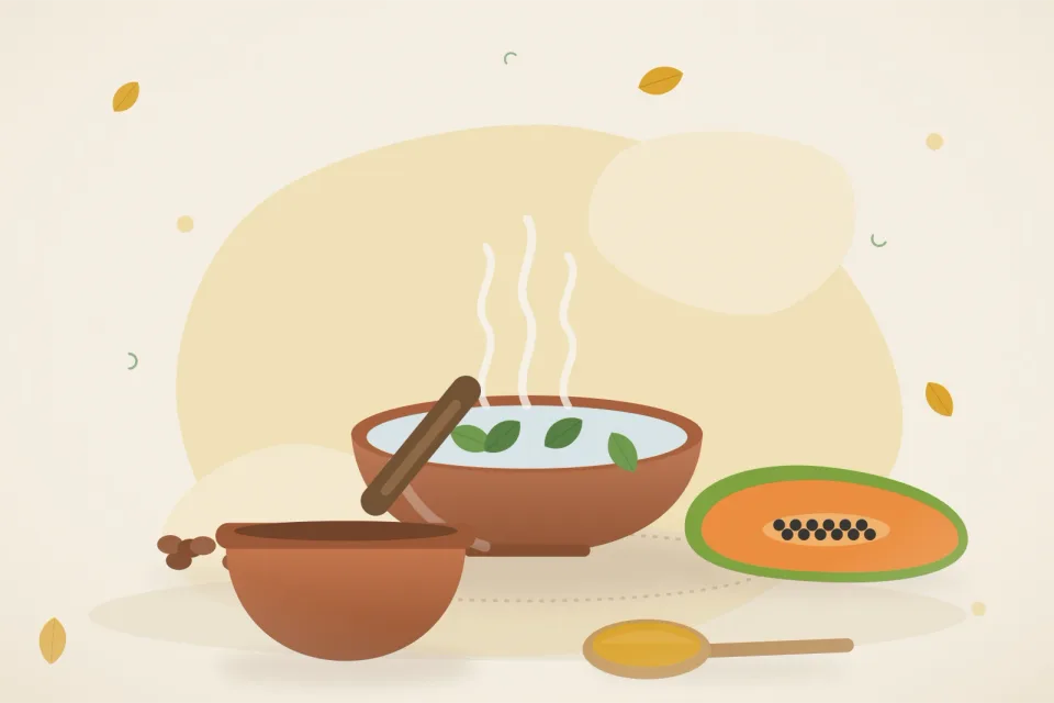 Illustrated still life with raisins, papaya.